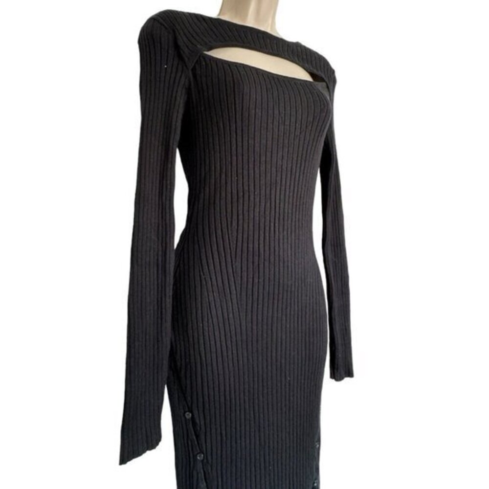 Planet Gold Black Robbed Knit Stretchy Sweater Dress Size Medium Chest Cut Out